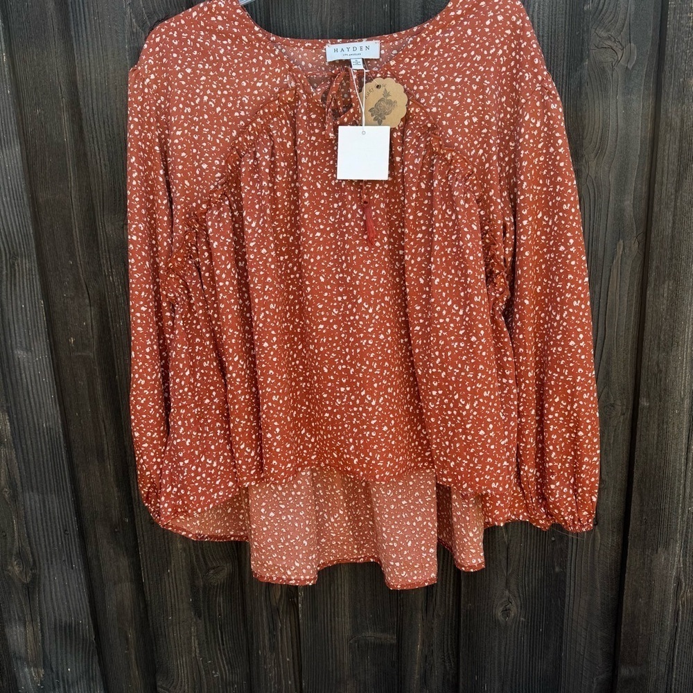 Hayden Orange Bishop Sleeve Blouse with Tie Front - Picture 10 of 14